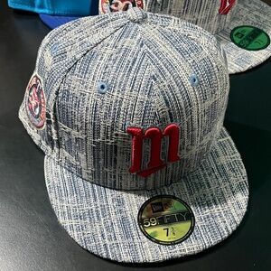 New Era Blue/White Textured Fitted Cap with Red 'm' Logo size 7 3/8